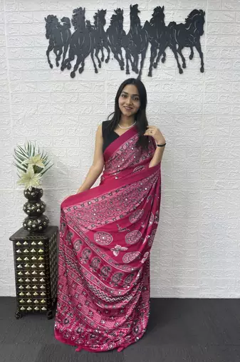 Pink Color Mirror Work Satin Saree