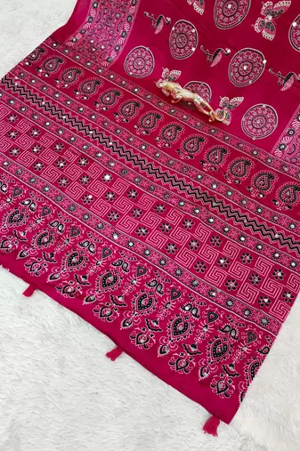 Pink Color Mirror Work Satin Saree
