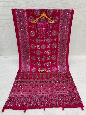 Pink Color Mirror Work Satin Saree 5