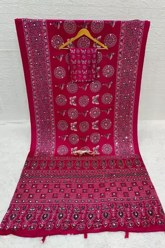 Pink Color Mirror Work Satin Saree