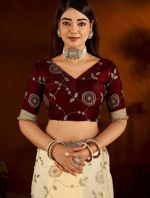 Beige color satin silk saree with maroon blouse heavy embroidered work 5