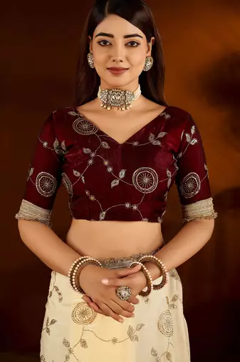 Beige color satin silk saree with maroon blouse heavy embroidered work