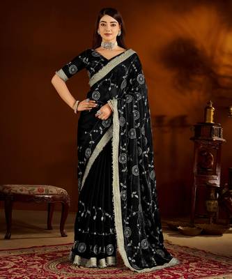 Black satin silk saree with heavy embroidered work 1
