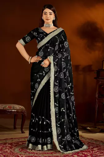 Black satin silk saree with heavy embroidered work