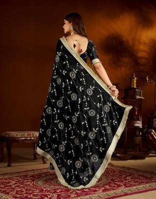 Black satin silk saree with heavy embroidered work 2