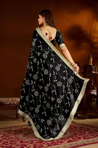 Black satin silk saree with heavy embroidered work