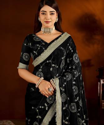 Black satin silk saree with heavy embroidered work 3