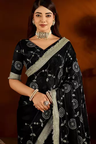 Black satin silk saree with heavy embroidered work