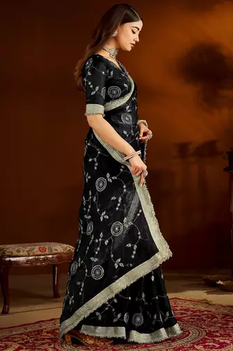 Black satin silk saree with heavy embroidered work