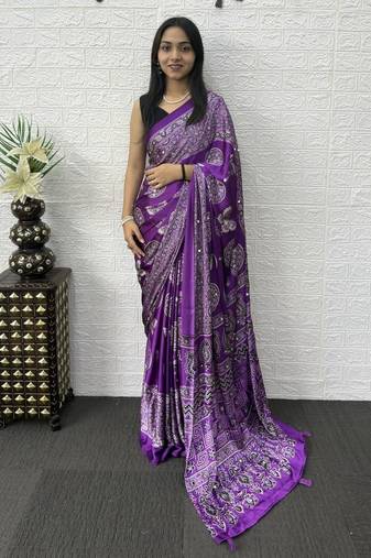 Purple Mirror Work Satin Saree