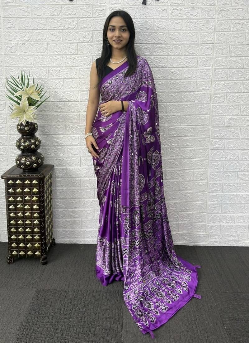 Purple Mirror Work Satin Saree