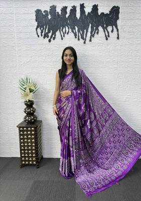 Purple Mirror Work Satin Saree 2
