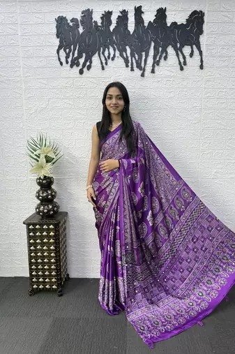 Purple Mirror Work Satin Saree