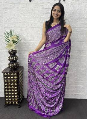 Purple Mirror Work Satin Saree 3
