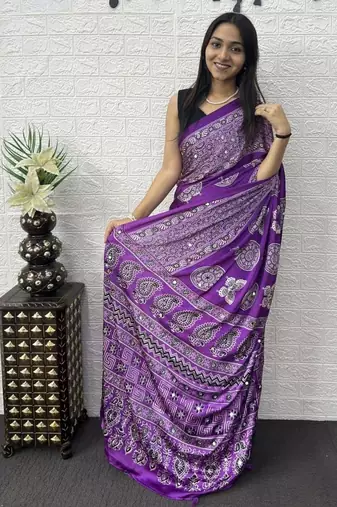 Purple Mirror Work Satin Saree