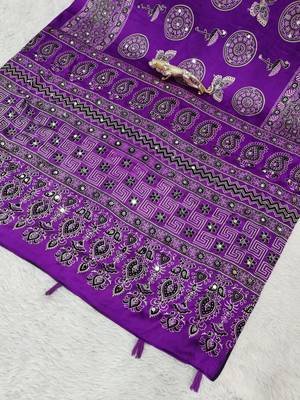 Purple Mirror Work Satin Saree 4