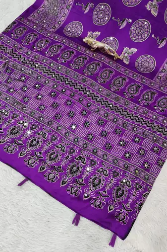 Purple Mirror Work Satin Saree