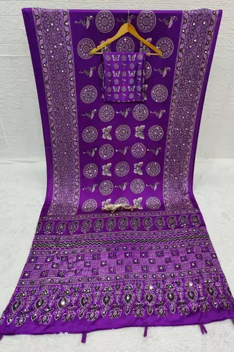 Purple Mirror Work Satin Saree