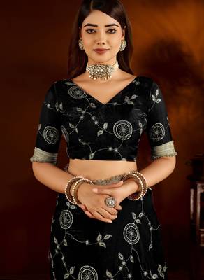 Black satin silk saree with heavy embroidered work 5