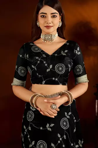 Black satin silk saree with heavy embroidered work