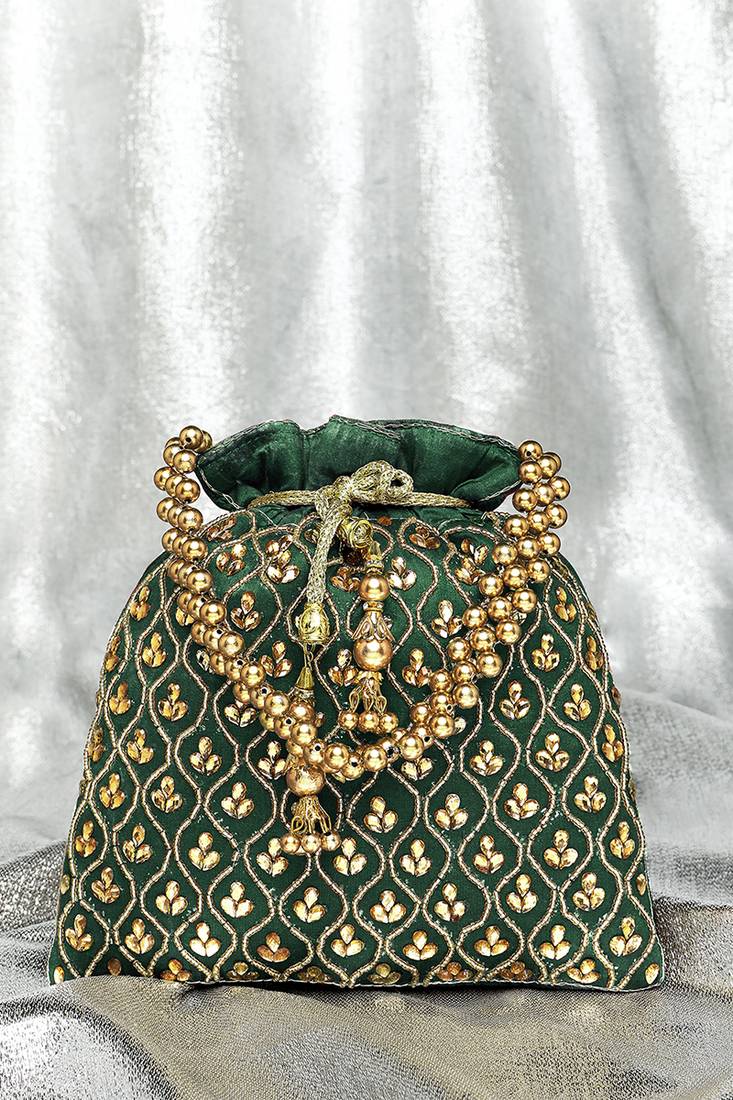 Green potli purses gift handmade evening bag stylish bridal fashion wristlet for women