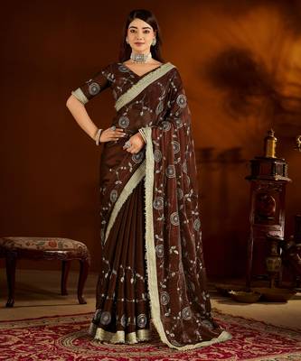 Choclate color satin silk saree with heavy embroidered work 1