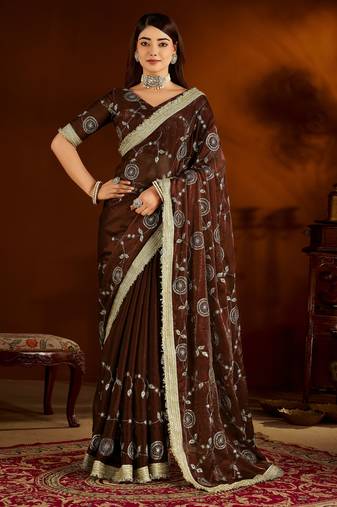 Choclate color satin silk saree with heavy embroidered work