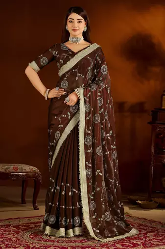 Choclate color satin silk saree with heavy embroidered work