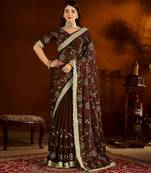 Choclate color satin silk saree with heavy embroidered work