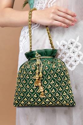 Green potli purses gift handmade evening bag stylish bridal fashion wristlet for women 2