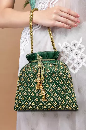 Green potli purses gift handmade evening bag stylish bridal fashion wristlet for women