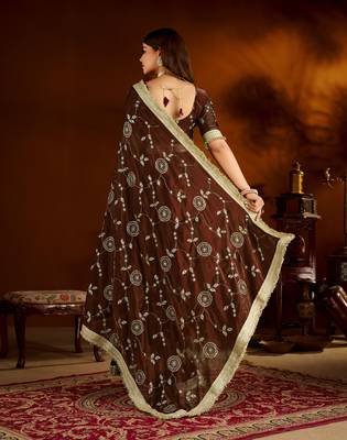 Choclate color satin silk saree with heavy embroidered work 2