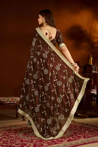 Choclate color satin silk saree with heavy embroidered work