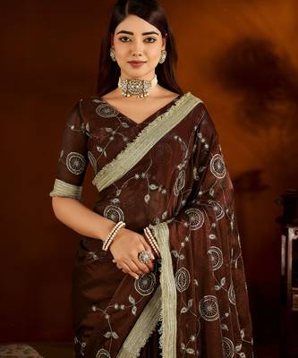 Choclate color satin silk saree with heavy embroidered work 3