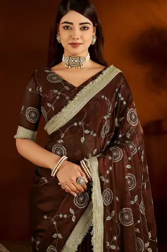 Choclate color satin silk saree with heavy embroidered work