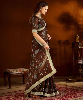 Choclate color satin silk saree with heavy embroidered work 4