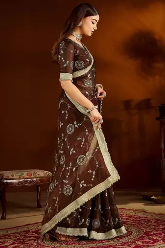 Choclate color satin silk saree with heavy embroidered work