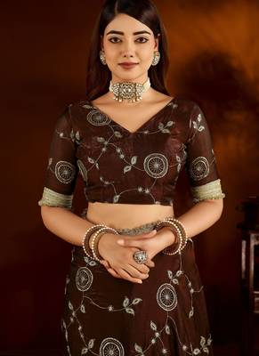 Choclate color satin silk saree with heavy embroidered work 5