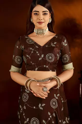 Choclate color satin silk saree with heavy embroidered work