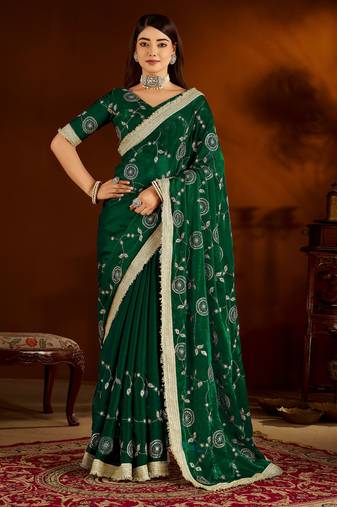 Green color satin silk saree with heavy embroidered work