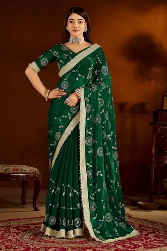 Green color satin silk saree with heavy embroidered work