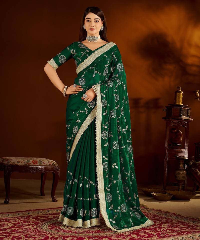 Green color satin silk saree with heavy embroidered work
