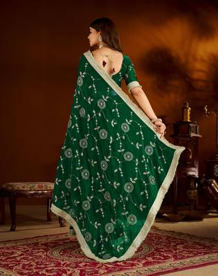 Green color satin silk saree with heavy embroidered work 2