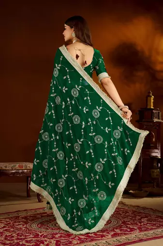 Green color satin silk saree with heavy embroidered work