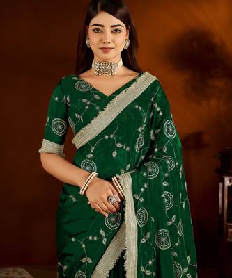 Green color satin silk saree with heavy embroidered work 3