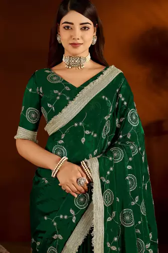 Green color satin silk saree with heavy embroidered work