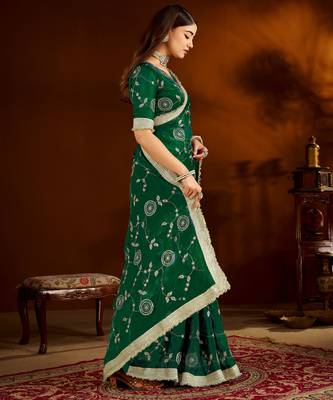 Green color satin silk saree with heavy embroidered work 4