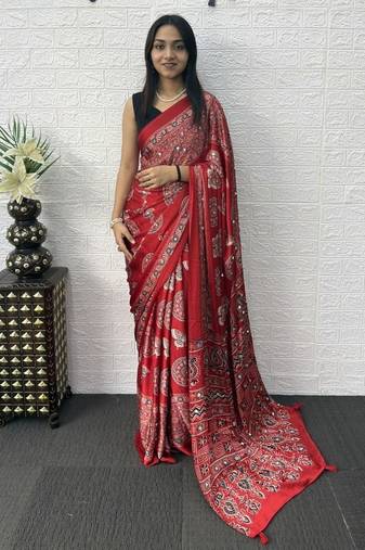Red Mirror Work Satin Saree