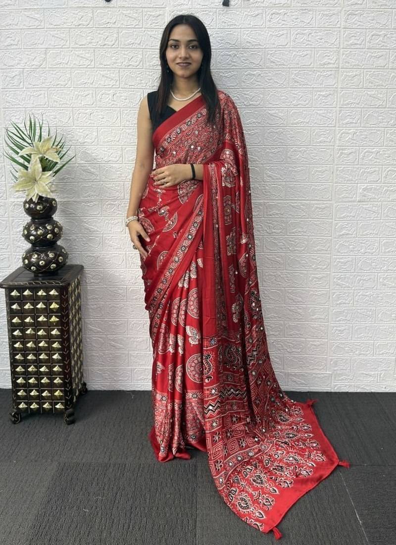 Red Mirror Work Satin Saree