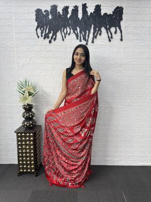 Red Mirror Work Satin Saree 2